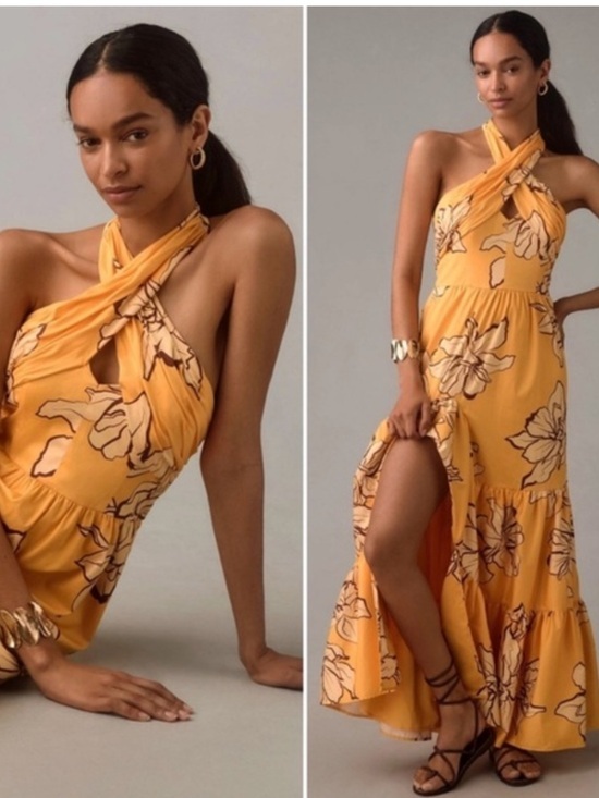 Anthropologie Dresses & Skirts - Anthropologie Hutch Dress Halter Maxi Ruffle in Maize Yellow Floral